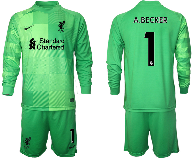 Men 2021-2022 Club Liverpool green goalkeeper Long Sleeve #1 Soccer Jersey